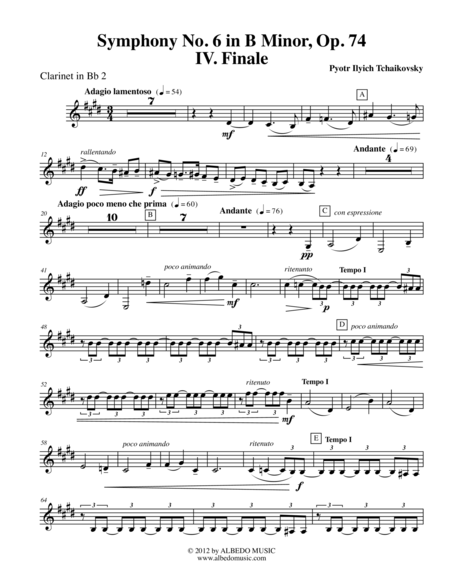 Tchaikovsky Symphony No 6 Movement Iv Clarinet In Bb 2 Transposed Part Op 74 Sheet Music