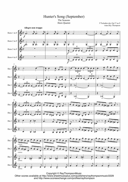Free Sheet Music Tchaikovsky The Seasons Op 37a No 9 September Hunters Song Horn Quartet