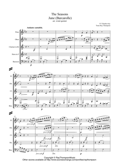 Tchaikovsky The Seasons Op37a No 4 June Barcarolle Wind Quintet Sheet Music