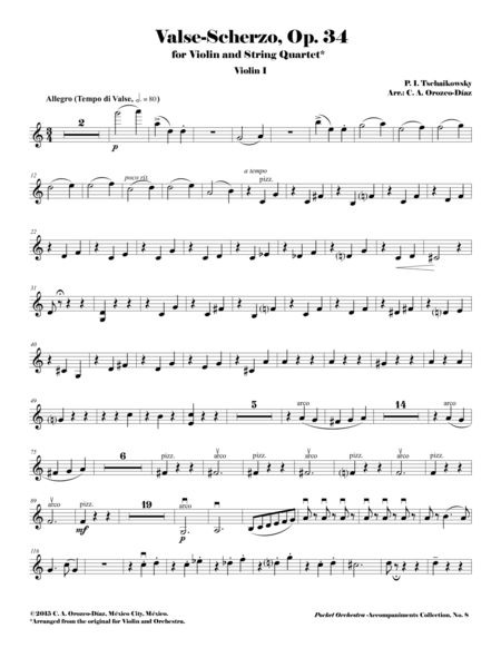 Tchaikowsky Valse Scherzo Op 34 For Violin And String Quartet Reduction Of The Original Accompaniment Parts Sheet Music