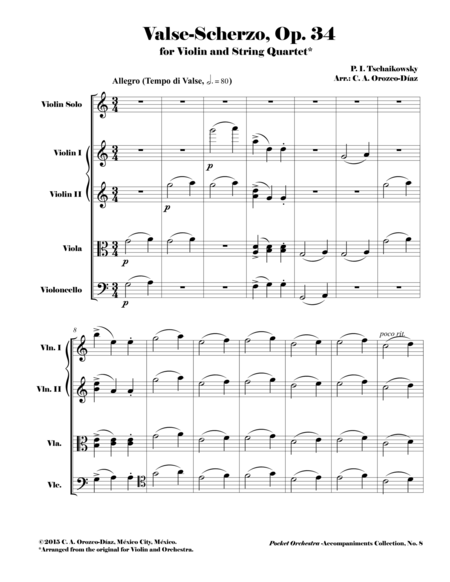 Tchaikowsky Valse Scherzo Op 34 For Violin And String Quartet Reduction Of The Original Accompaniment Score Sheet Music