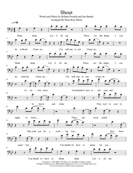 Tears For Fears Shout Trombone Sheet Music