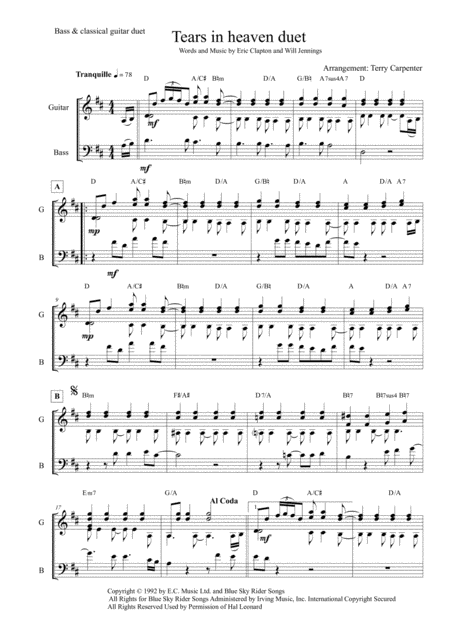 Tears In Heaven Clapton Lead Bass Guitar Sheet Music