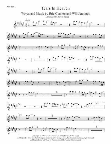 Free Sheet Music Tears In Heaven Original Key Alto Sax