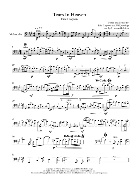 Free Sheet Music Tears In Heaven Solo Cello