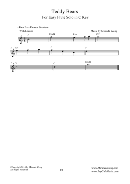 Teddy Bears Easy Flute Or Violin Solo In C Key Sheet Music