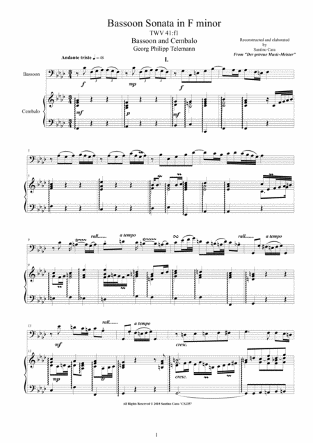 Telemann Bassoon Sonata In F Minor Twv 41f1 For Bassoon And Cembalo Or Piano Sheet Music