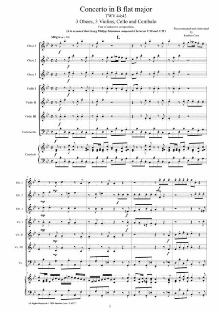 Free Sheet Music Telemann Concerto In B Flat Twv 44 43 For 3 Oboes 3 Violins Cello And Cembalo