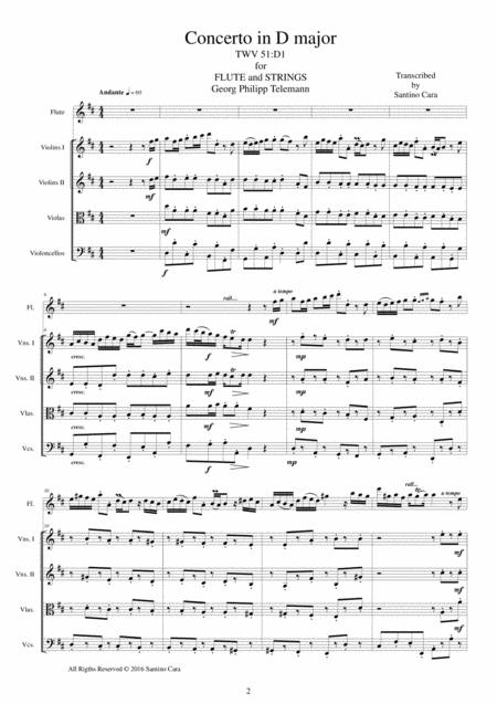 Telemann Concerto In D Major Twv51 D1 For Flute And Strings Sheet Music