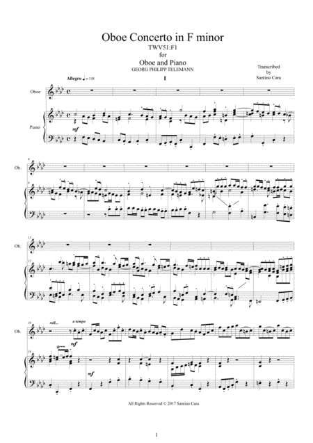 Free Sheet Music Telemann Concerto In F Minor Twv 51 F1 For Oboe And Piano