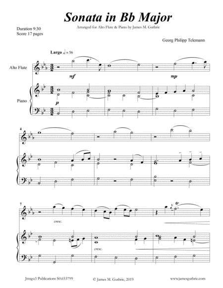 Free Sheet Music Telemann Sonata In Bb Major For Alto Flute Piano