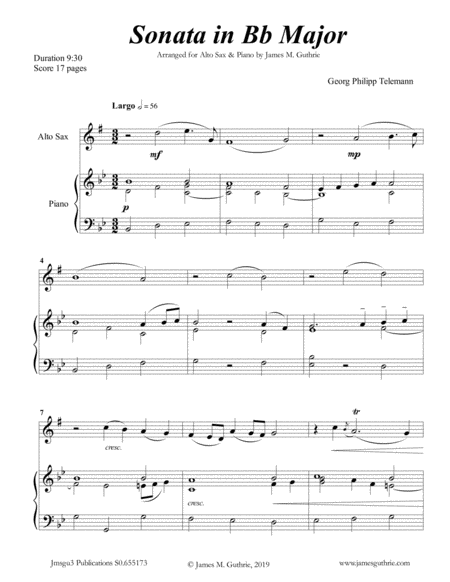 Free Sheet Music Telemann Sonata In Bb Major For Alto Sax Piano