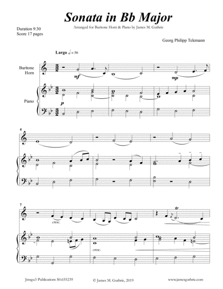 Telemann Sonata In Bb Major For Baritone Horn Piano Sheet Music