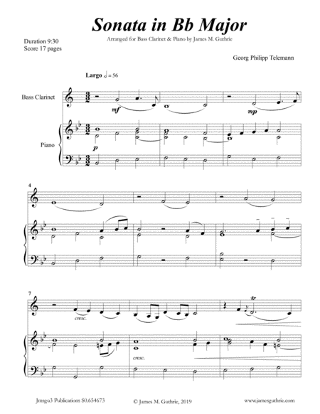 Telemann Sonata In Bb Major For Bass Clarinet Piano Sheet Music