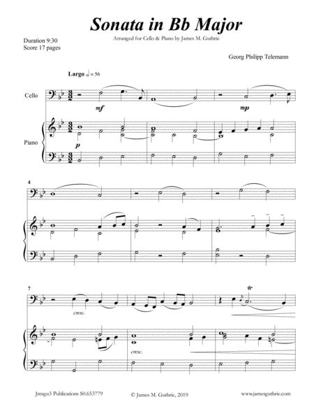 Telemann Sonata In Bb Major For Cello Piano Sheet Music