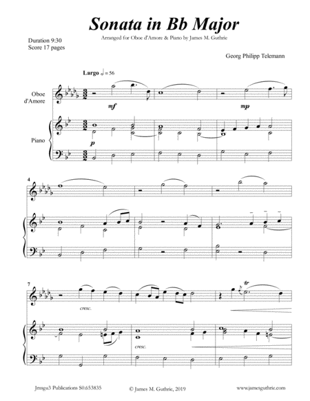 Telemann Sonata In Bb Major For Oboe D Amore Piano Sheet Music