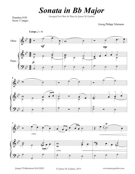 Telemann Sonata In Bb Major For Oboe Piano Sheet Music