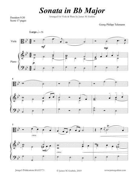 Telemann Sonata In Bb Major For Viola Piano Sheet Music