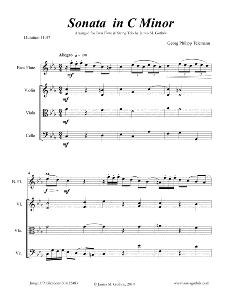 Telemann Sonata In C Minor For Bass Flute String Trio Sheet Music