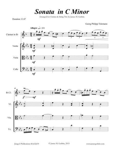 Free Sheet Music Telemann Sonata In C Minor For Clarinet String Trio
