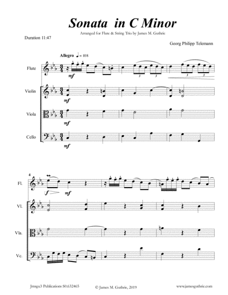Free Sheet Music Telemann Sonata In C Minor For Flute String Trio