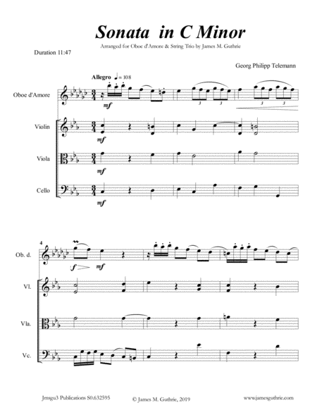 Telemann Sonata In C Minor For Oboe D Amore String Trio Sheet Music