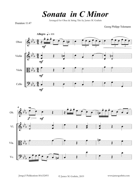 Free Sheet Music Telemann Sonata In C Minor For Oboe String Trio