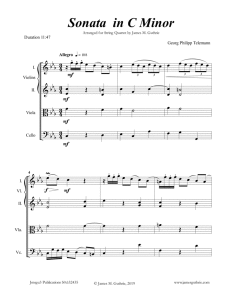 Telemann Sonata In C Minor For String Quartet Sheet Music