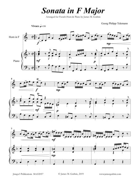 Free Sheet Music Telemann Sonata In F Major For French Horn Piano