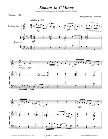 Telemann Sonata In G Major For Baritone Sax Piano Sheet Music