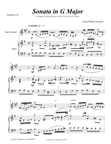 Telemann Sonata In G Major For Bass Clarinet Piano Sheet Music