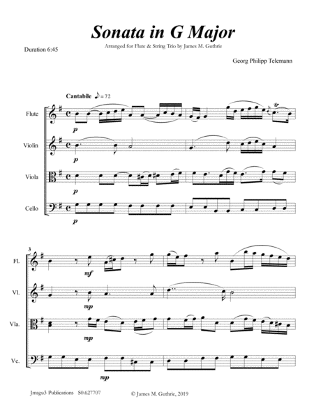 Free Sheet Music Telemann Sonata In G Major For Flute String Trio