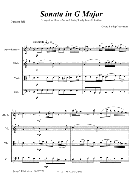 Telemann Sonata In G Major For Oboe D Amore String Trio Sheet Music