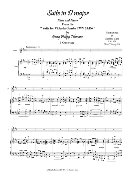 Telemann Suite In D Major Flute And Piano Twv 55 D6 Sheet Music