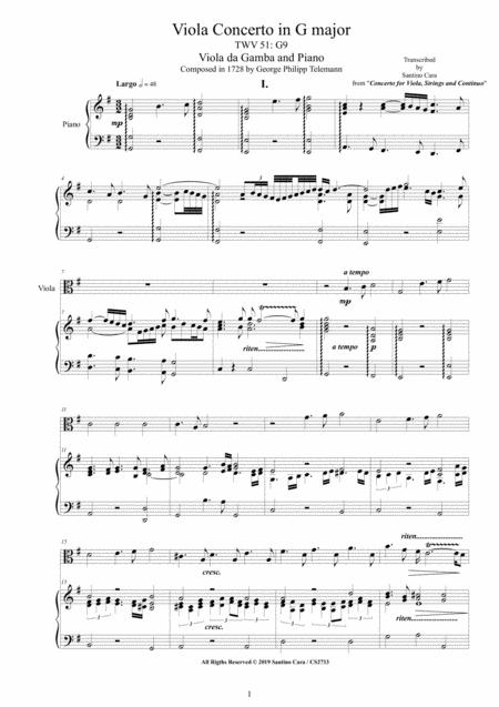 Free Sheet Music Telemann Viola Concerto In G Major Twv 51 G9 For Viola And And Piano