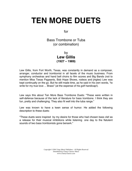 Ten More Duets For Bass Trombone Or Tuba Sheet Music