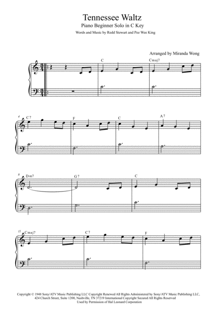 Tennessee Waltz Beginner Level Very Easy Piano Version In C Key Sheet Music