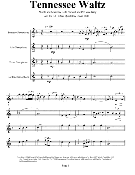 Tennessee Waltz For Satb Sax Quartet Sheet Music