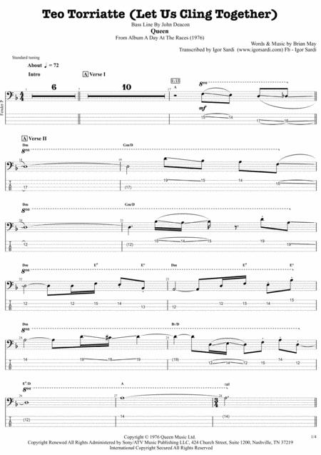 Teo Torriatte Let Us Cling Together Queen John Deacon Complete And Accurate Bass Transcription Whit Tab Sheet Music