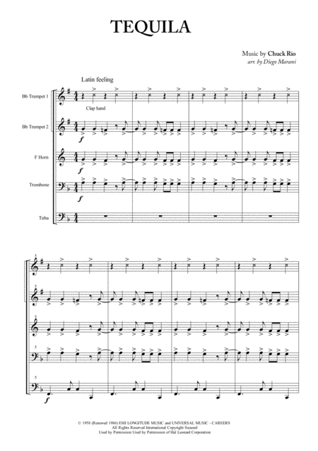 Free Sheet Music Tequila For Brass Quintet