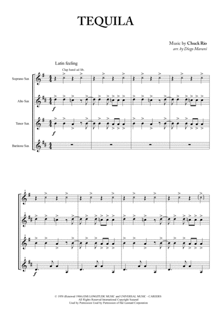 Free Sheet Music Tequila For Saxophone Quartet