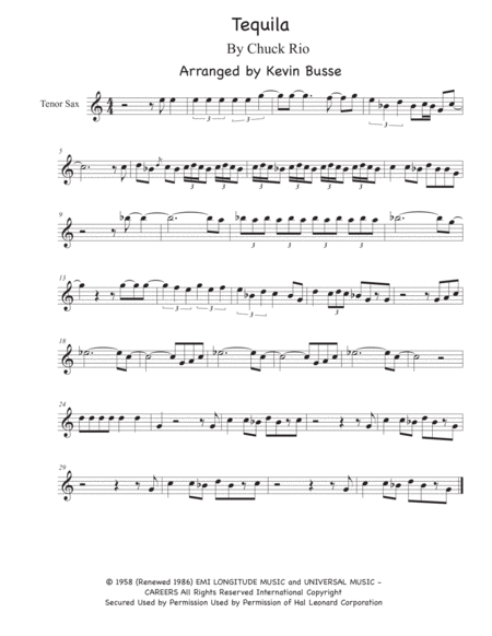 Free Sheet Music Tequila Sax Solo Easy Key Of C Tenor Sax
