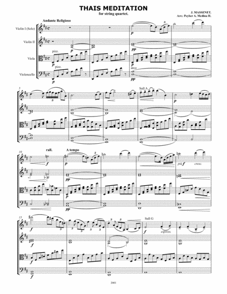 Free Sheet Music Thais Meditation For String Quartet