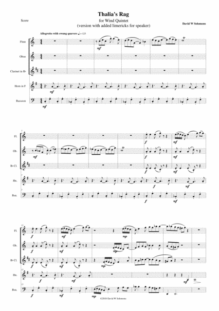 Free Sheet Music Thalias Rag With Limericks For Wind Quintet And Speaker