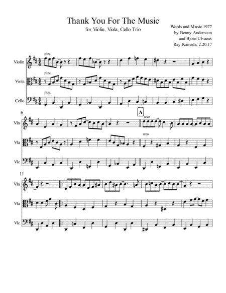 Free Sheet Music Thank You For The Music For Violin Viola Cello Trio