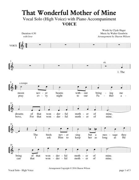 That Wonderful Mother Of Mine High Voice Vocal Solo With Piano Accompaniment Sheet Music