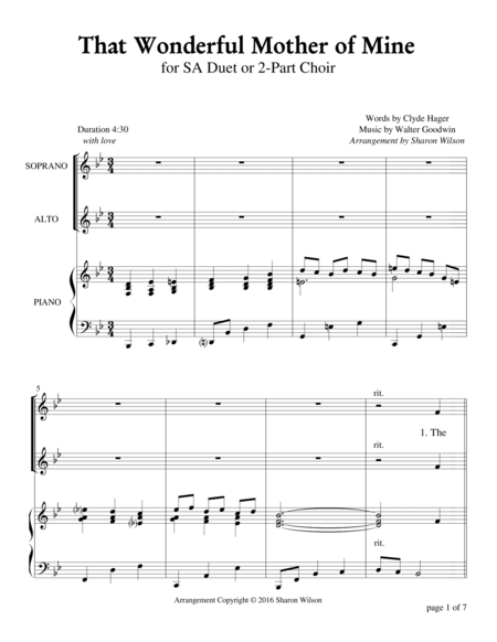 That Wonderful Mother Of Mine Key Of B Flat For Sa Duet With Piano Accompaniment Sheet Music