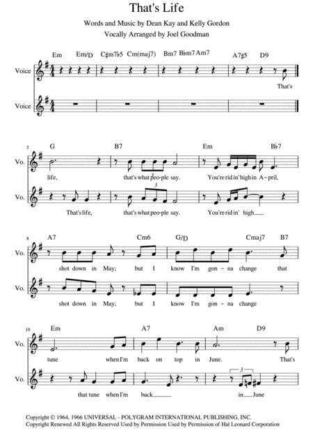 Free Sheet Music Thats Life Arranged For Vocal Duet