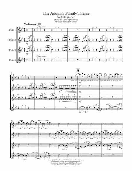 The Addams Family Theme Flute Quartet Sheet Music