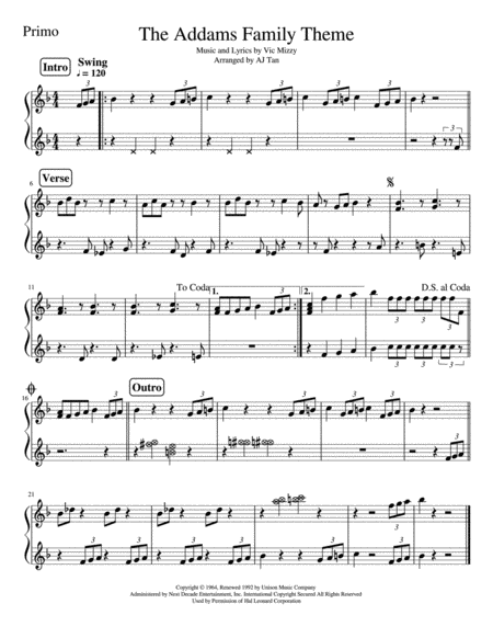 Free Sheet Music The Addams Family Theme Piano Duet